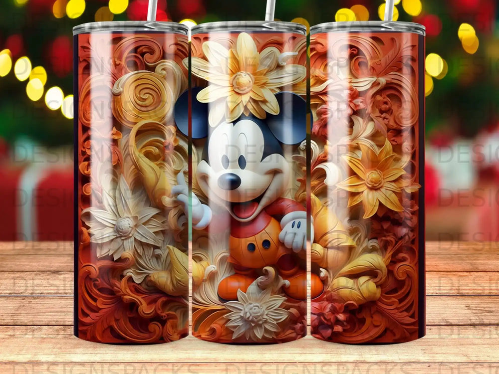 Mickey Mouse on a colorful tumbler with floral and carved wood accents.