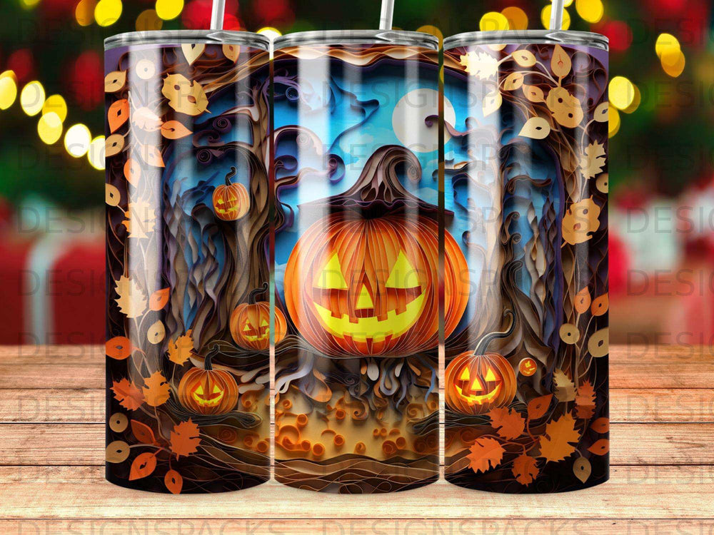 Halloween tumbler with pumpkins, spooky trees, and fall leaves.