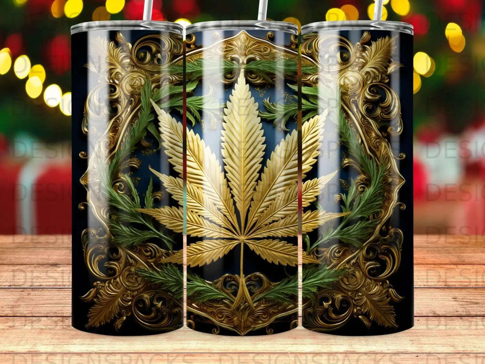 Gold marijuana leaf design with ornate gold scrollwork on a dark blue background.