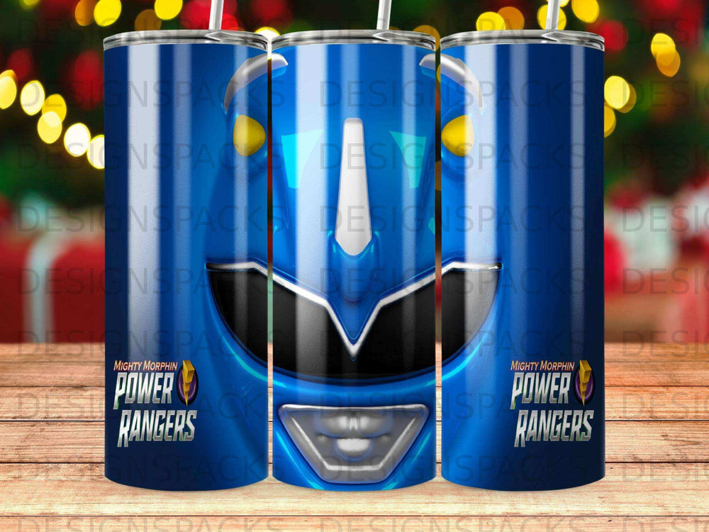 Blue Mighty Morphin Power Rangers tumbler with a metallic helmet design.