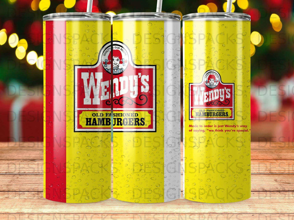 Wendy's Hamburgers tumblers with logos and slogans.