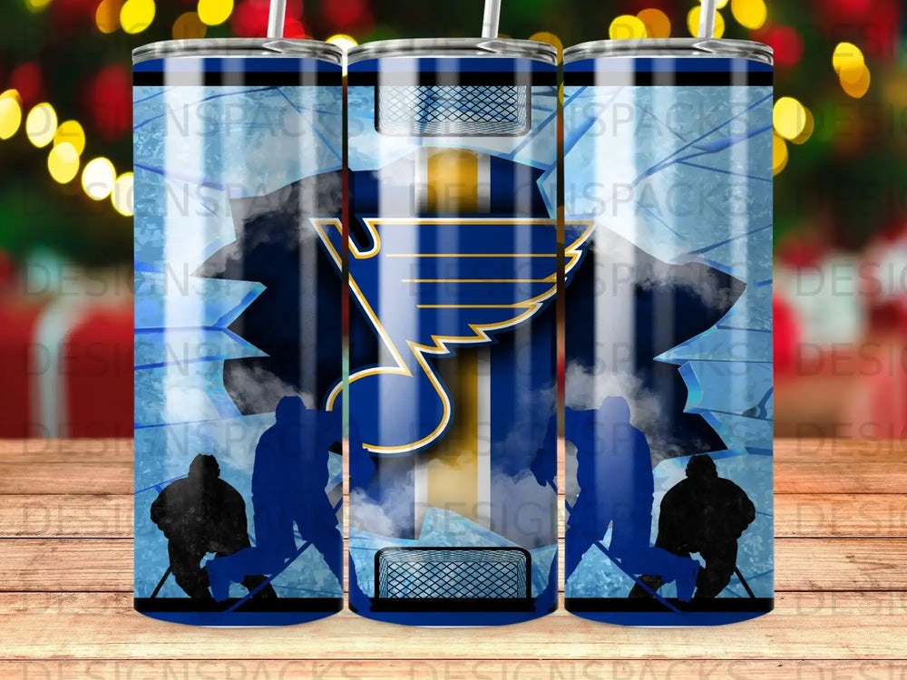 Hockey player silhouettes on a blue ice background with a gold logo.