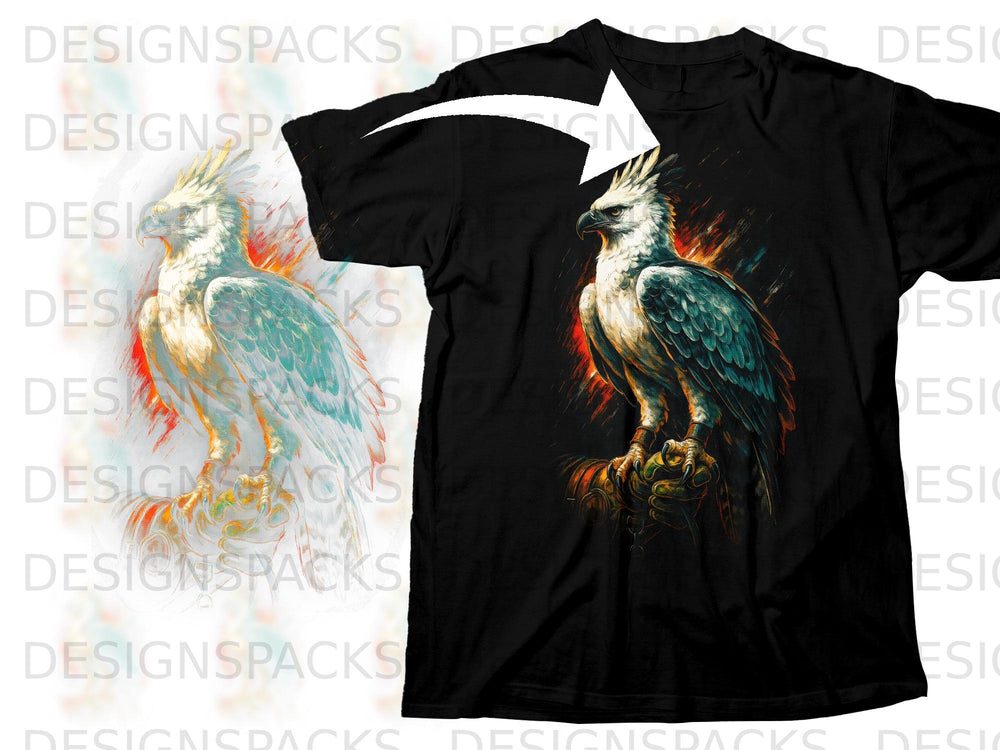 Black t-shirt with a fierce harpy eagle graphic and flame-like accents.