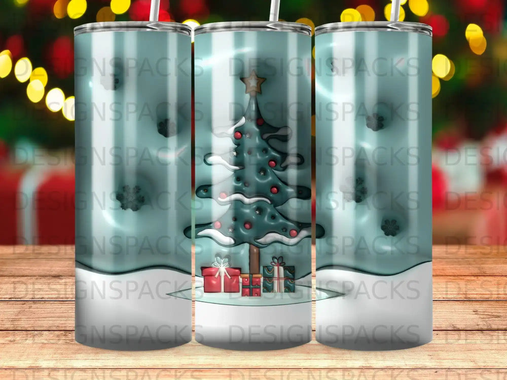 Three tumblers featuring a Christmas tree with gifts and snow.