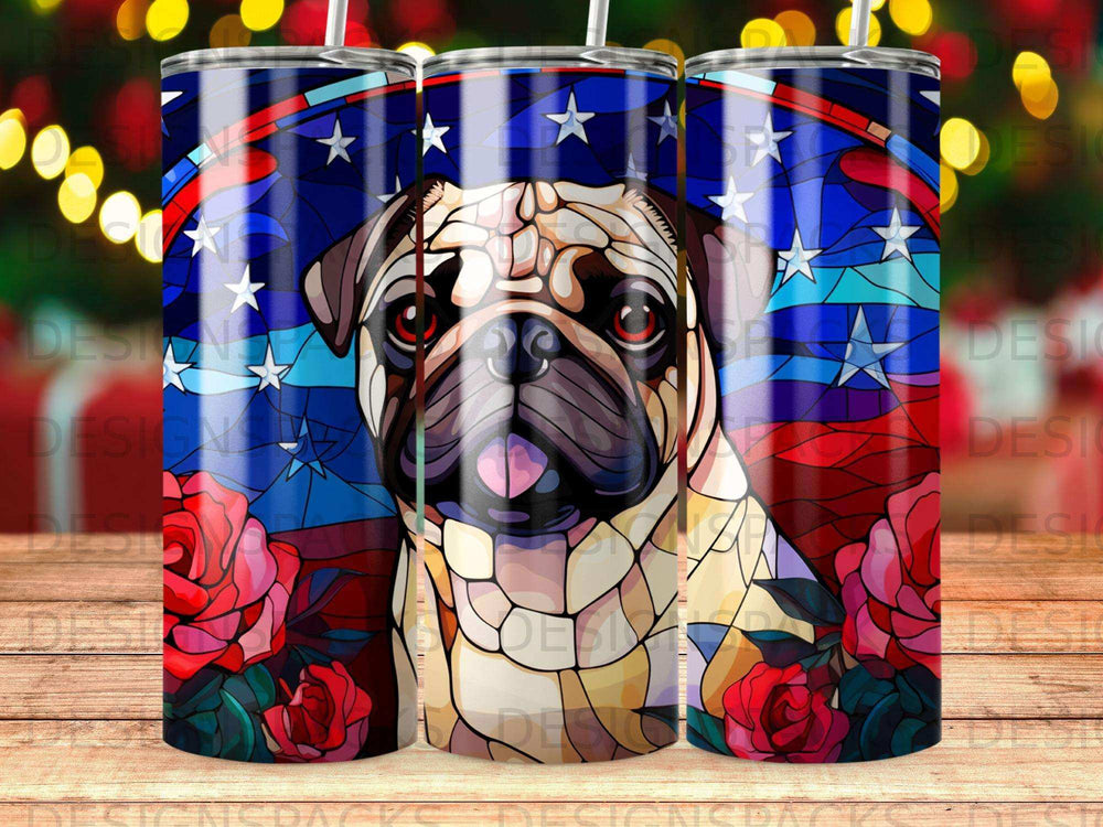 Pug wearing a patriotic bandana with roses against a stained-glass background.