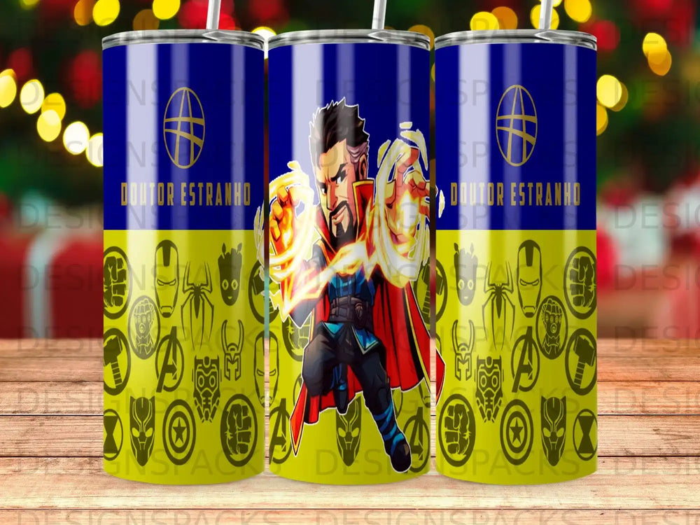 Doctor Strange with glowing hands, surrounded by Marvel character logos.