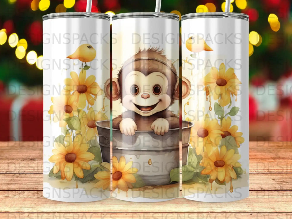 Cute monkey peeking from a bucket of sunflowers.