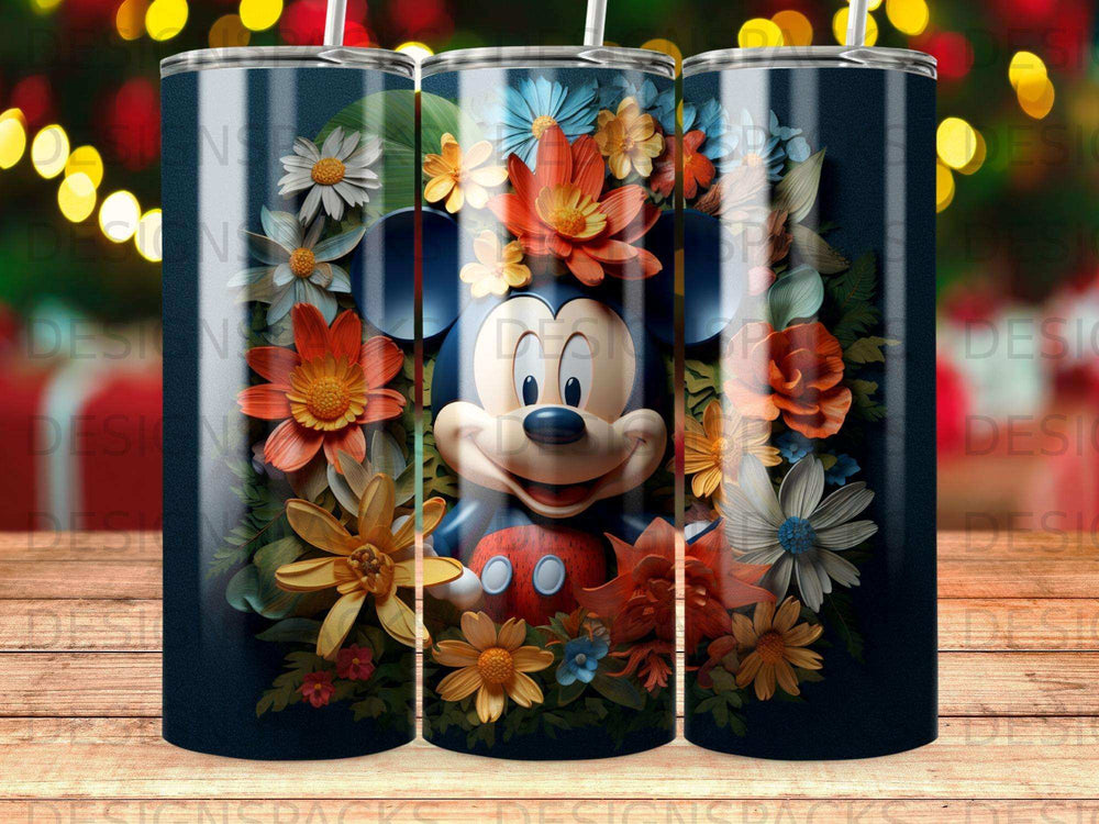 Mickey Mouse surrounded by colorful flowers on a dark background.