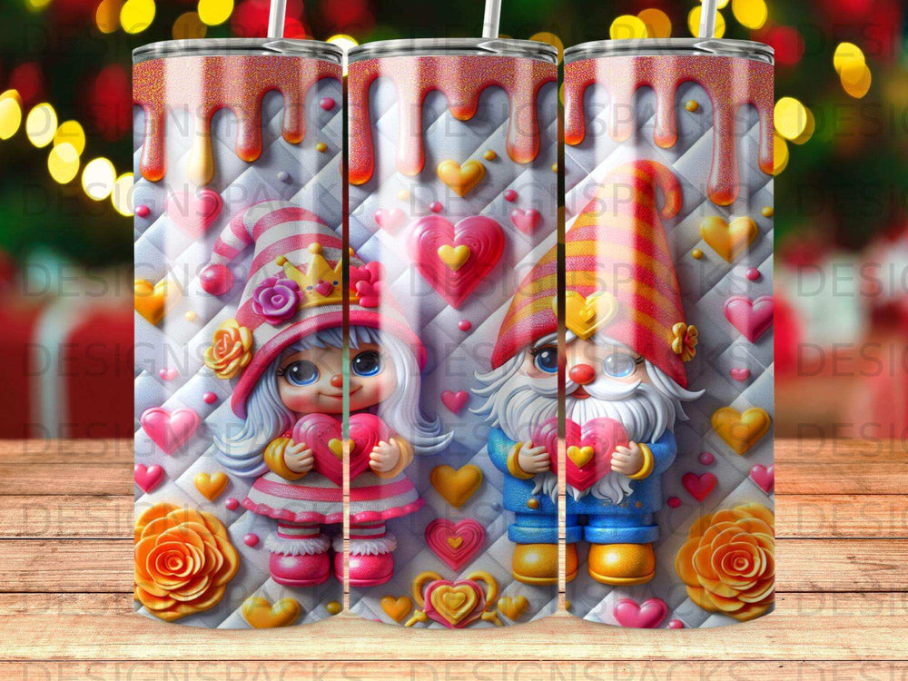 Gnome couple holding hearts on patterned background with hearts and roses.