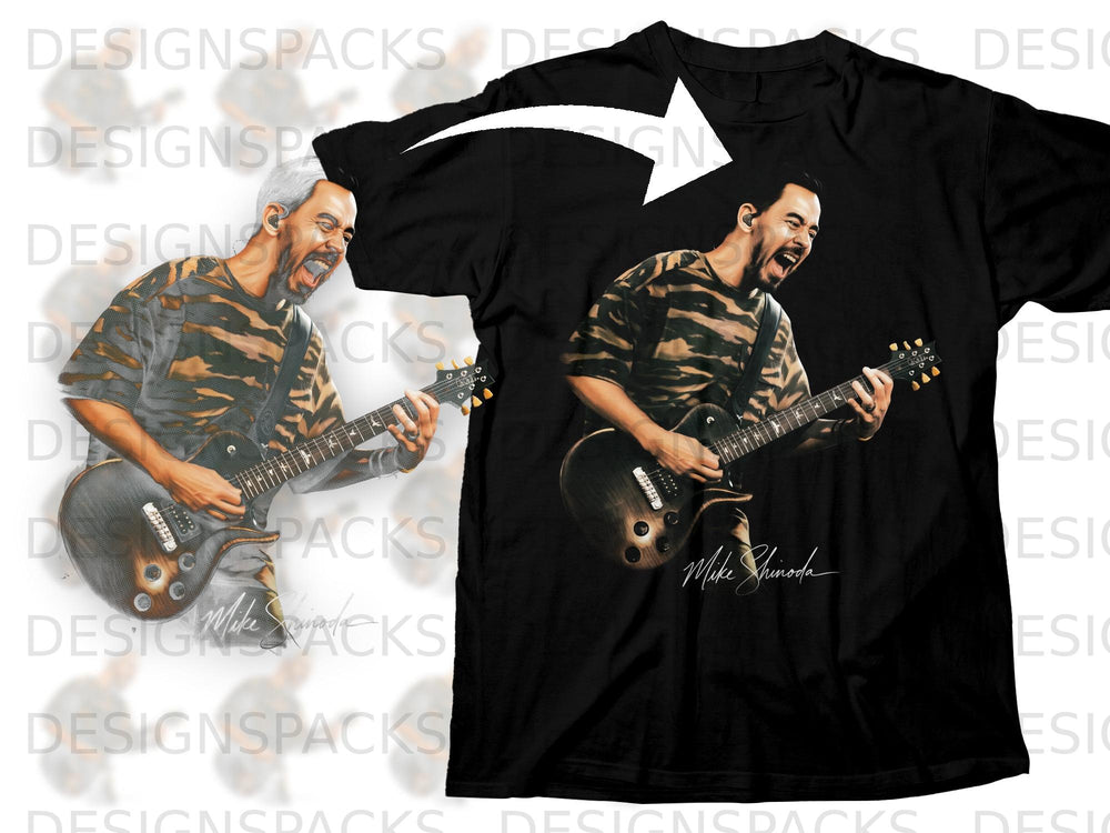 Black t-shirt featuring a printed illustration of Mike Shinoda playing guitar, signed "Mike Shinoda."
