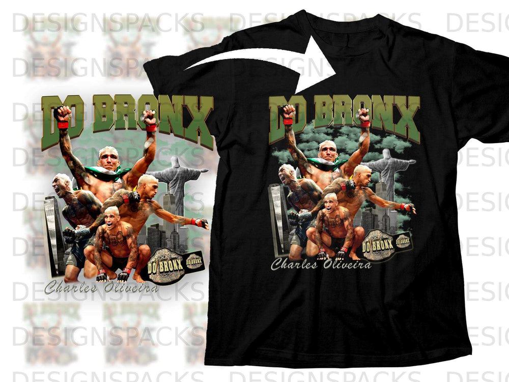 Black t-shirt featuring Charles Oliveira in UFC gear and "Do Bronx" branding.