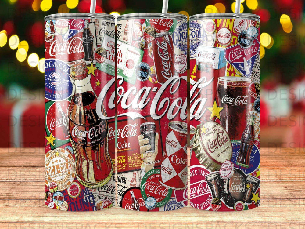 Collage of Coca-Cola logos and classic bottle on a patterned background.
