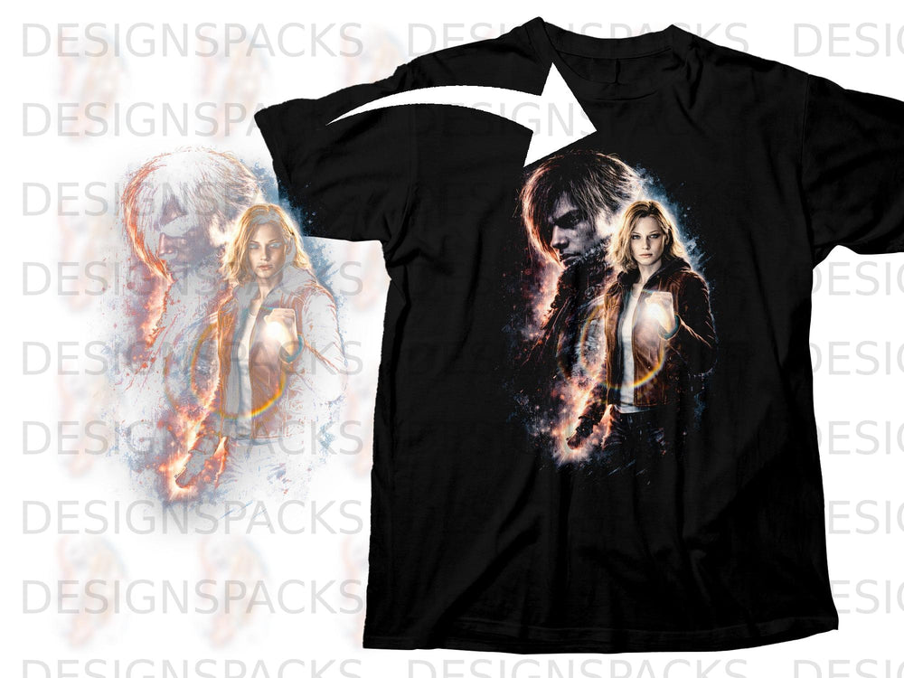 Black t-shirt with artwork of two characters from Resident Evil, one holding a glowing orb.
