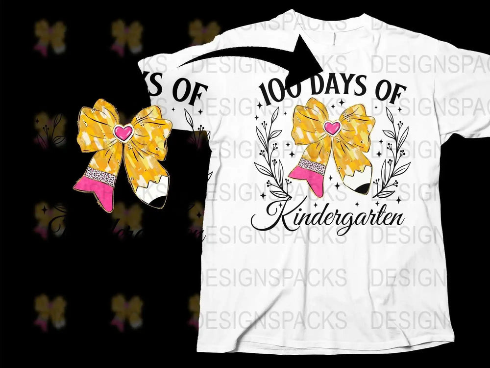 Kindergarten 100 Days of School T-Shirt, Cute Fall Leaves and Bows Design, Heart Graphic Tee for Kids