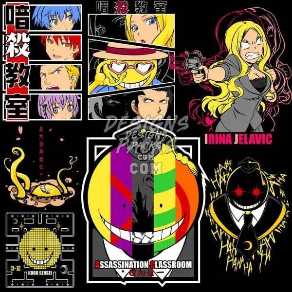 Assassination Classroom anime designs bundle with Irina Jelavic, Koro Sensei, and DTF/DTG print-ready graphics