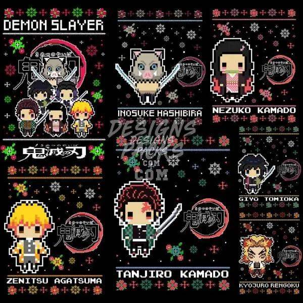 Pixel art Demon Slayer characters on festive sweater designs, print-ready for DTG/DTF