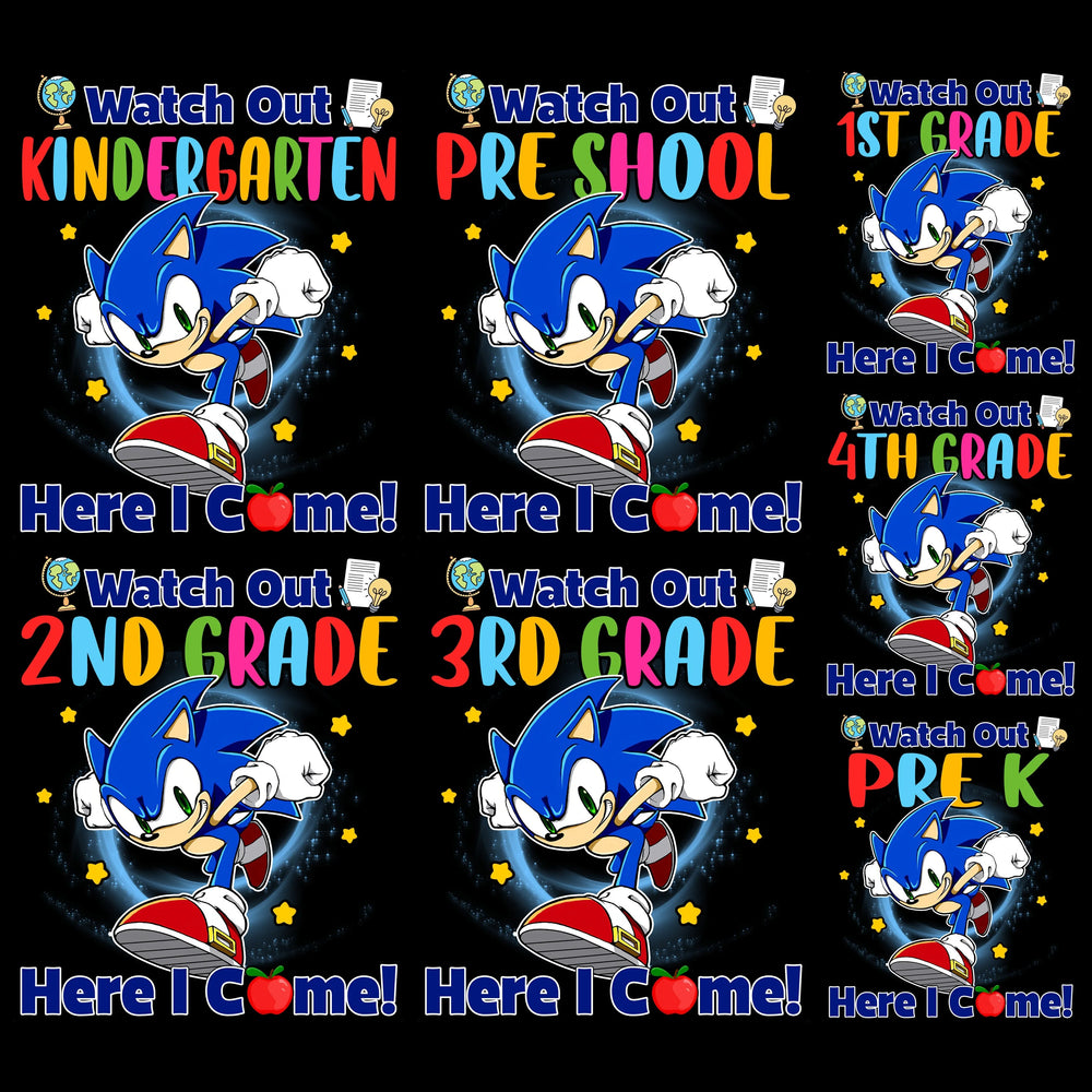 7 Back to School Sonic Watch Out Kids Designs Bundle PNG