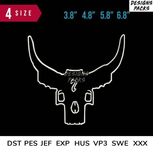 White longhorn skull outline design for embroidery, available in 4 sizes and multiple formats like PES, DST, JEF