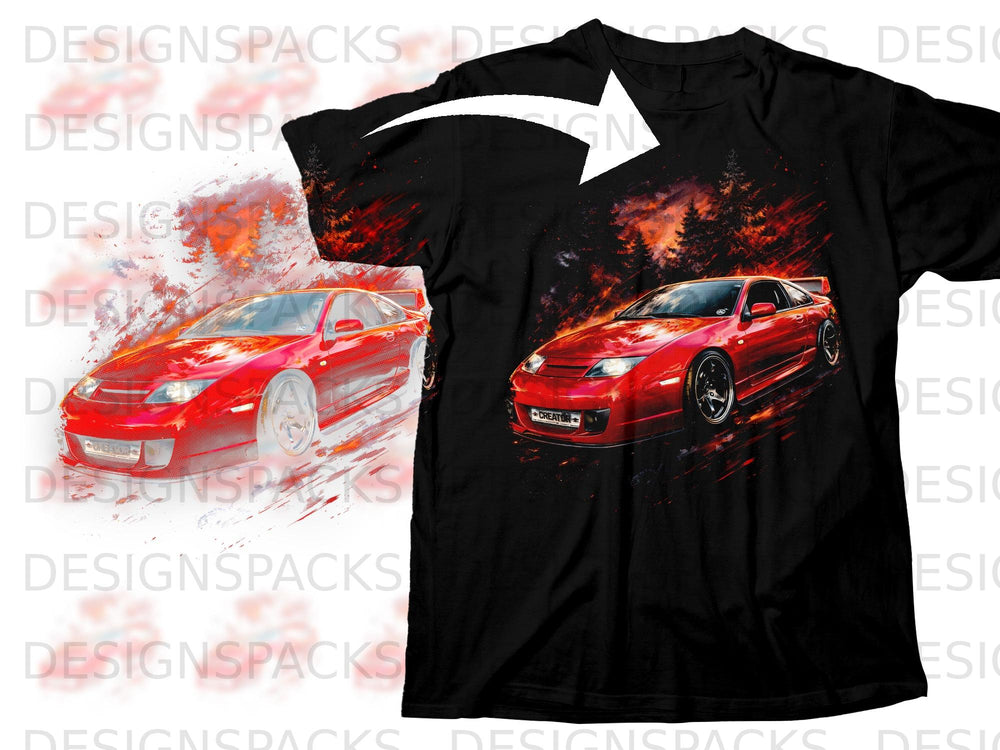 Black t-shirt with a red sports car in a fiery forest scene.