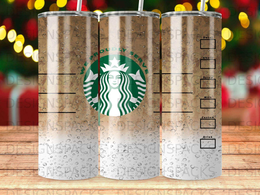 Starbucks tumbler with water droplet design and coffee menu labels.