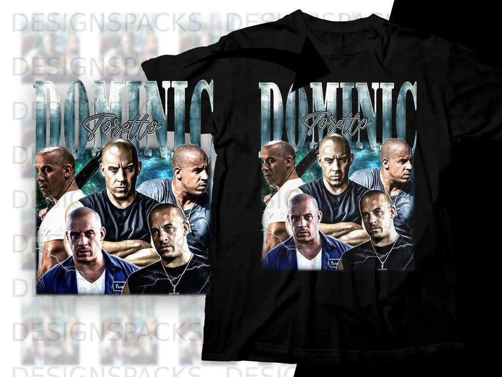 Dominic Toretto collage on black t-shirt.