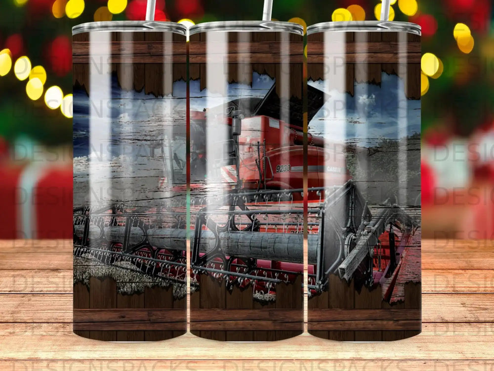 Red Case IH combine harvester detailed in wood grain and rustic background.