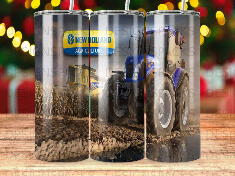 New Holland tractor and combine harvester in a muddy field.