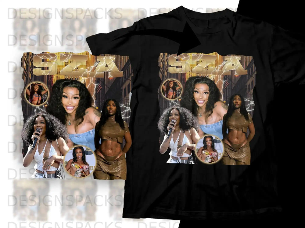 Black t-shirt with a collage of SZA performing on stage.