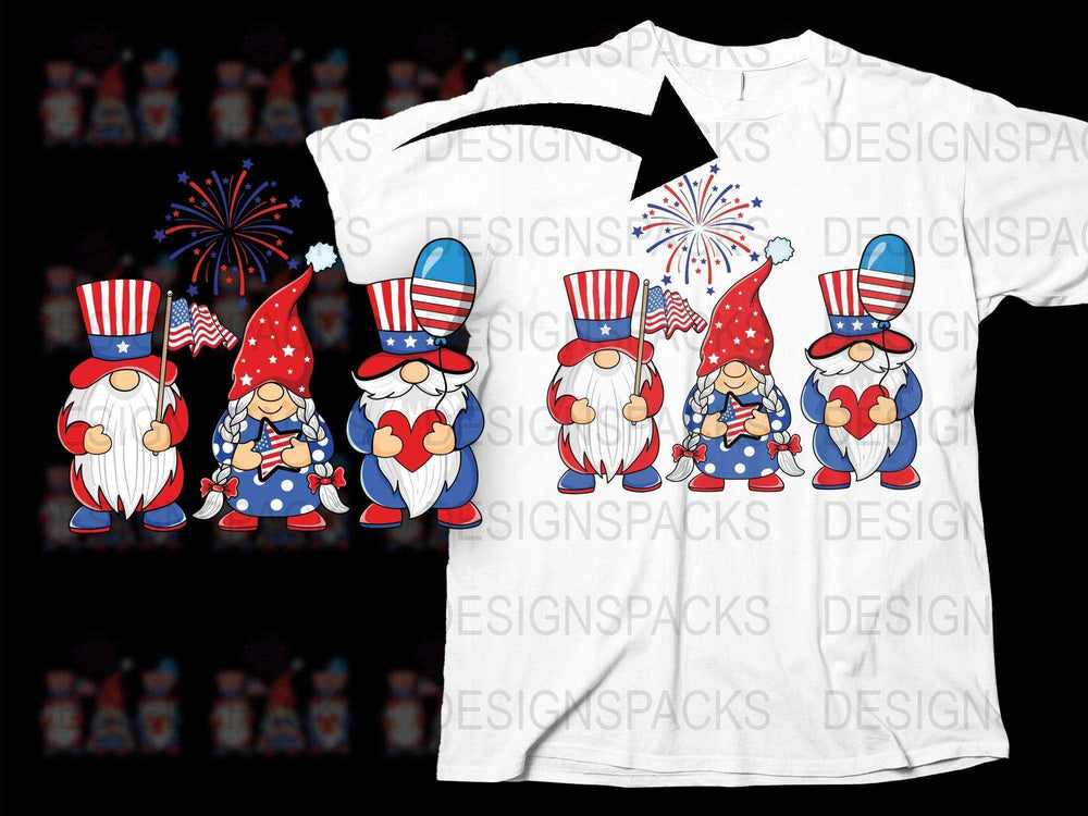 Patriotic Gnome T-Shirt, 4th of July Celebration Tee, Fireworks Graphic Design, Festive Summer Holiday Apparel for All Ages