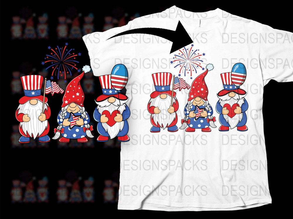 Patriotic Gnome T-Shirt, 4th of July Celebration Tee, Fireworks Graphic Design, Festive Summer Holiday Apparel for All Ages