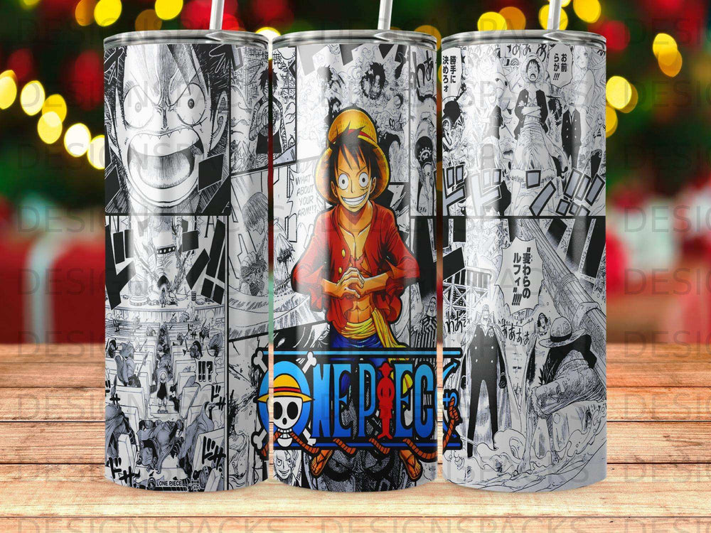 One Piece manga panel with Luffy front and center, surrounded by action scenes.