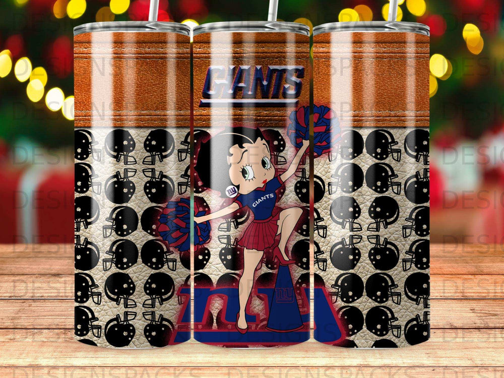 Betty Boop cheering for the Giants on a patterned tumbler.