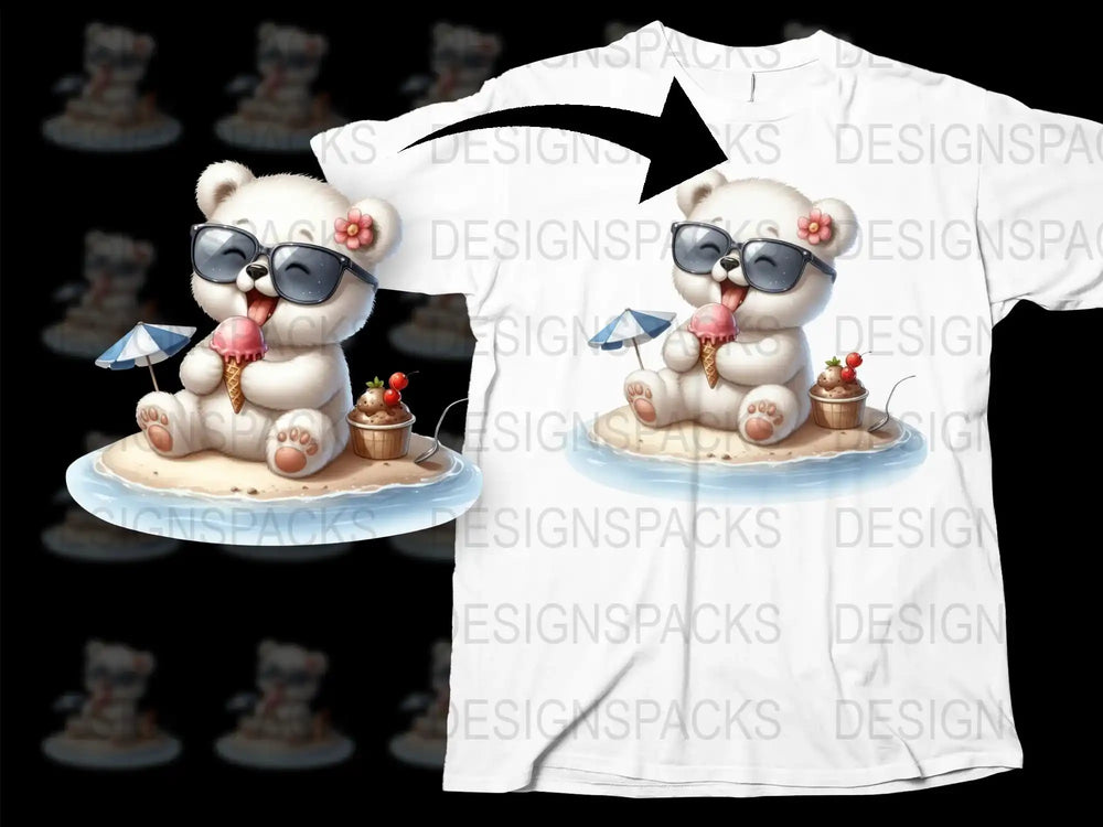 Cute Bear Graphic T-Shirt, Summer Beach Theme, Unisex Casual Wear, Kids and Adults Sizes Available