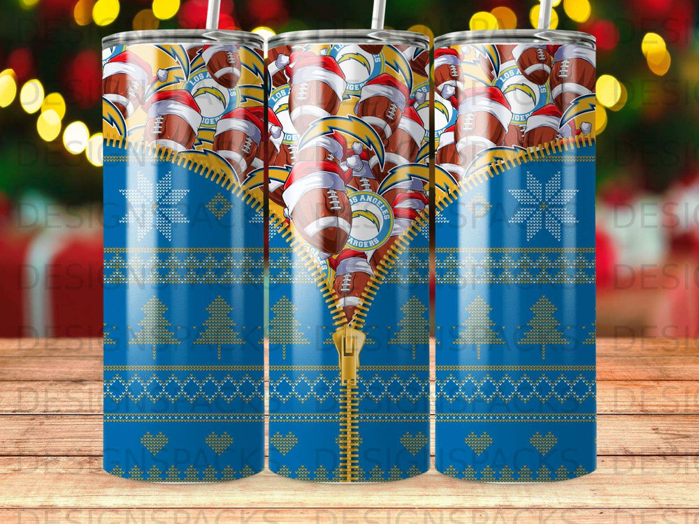 Los Angeles Chargers football and snowflake pattern tumbler with zipper detail.
