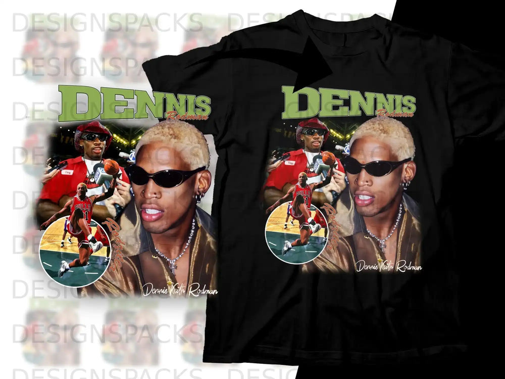 Dennis Rodman graphic t-shirt with vintage basketball player imagery.