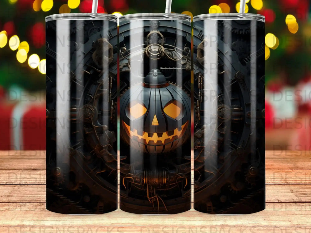 Steampunk jack-o'-lantern on a dark, gear-filled background.