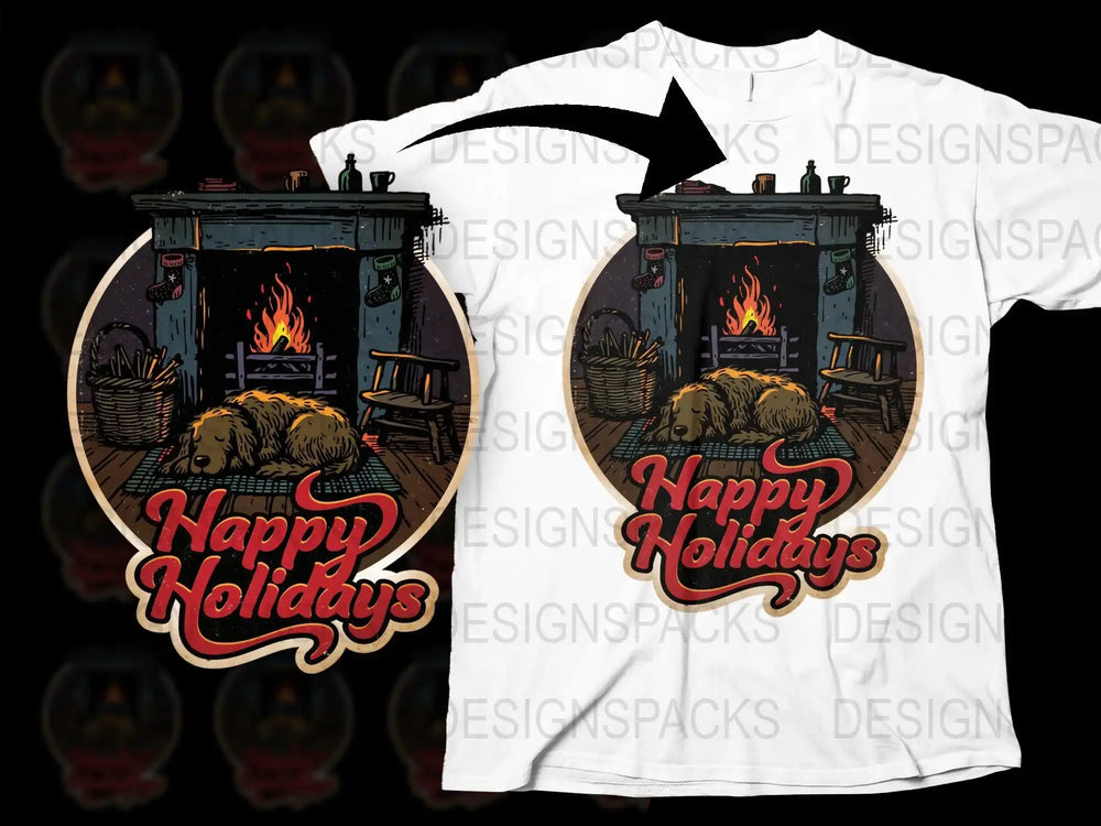 Happy Holidays Fireplace Graphic T-Shirt, Cozy Winter Scene Tee, Vintage Style Holiday Apparel for Men and Women