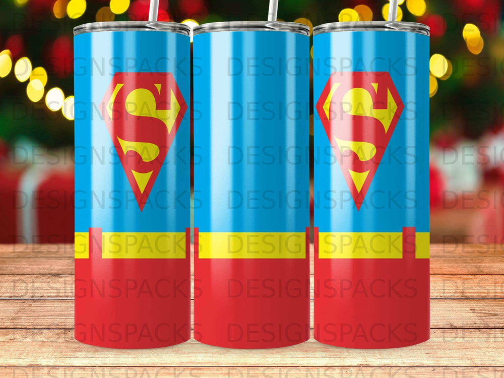 Three blue and red tumblers with "DESIGNSPACKS" logo.