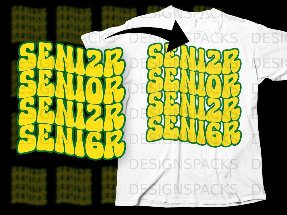 White t-shirt with repeated yellow "SENIOR" text and green outline.