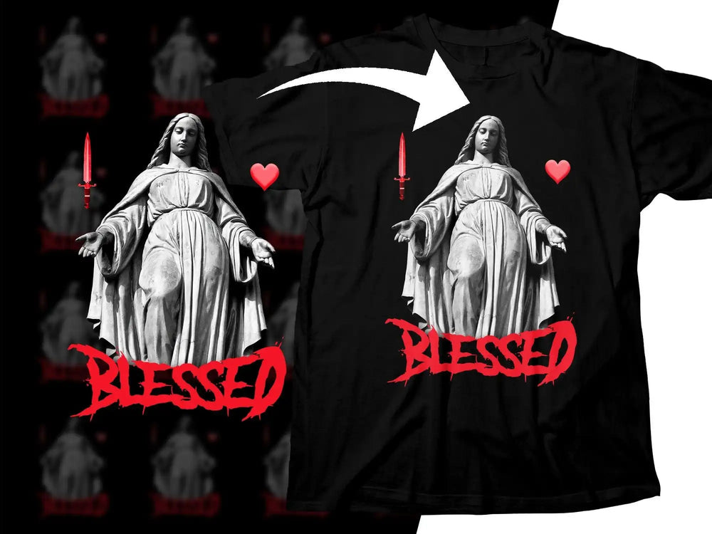 Black t-shirt with statue design, red hearts, sword, and 'BLESSED' text for print-ready DTG/DTF bundles.