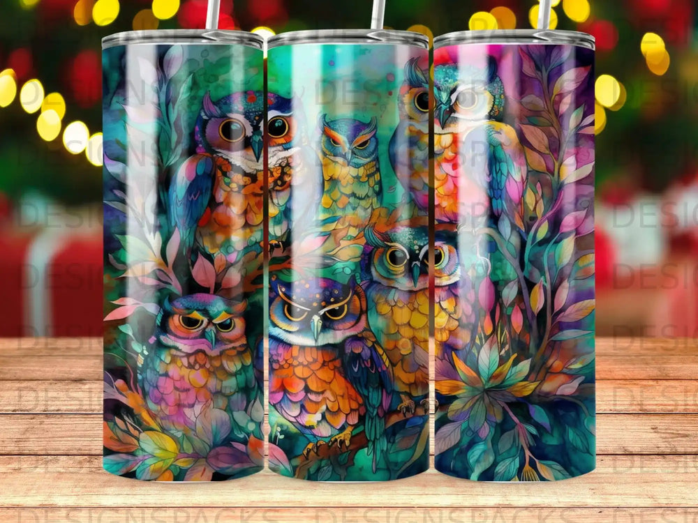 Colorful owls on a patterned background with holiday lights.
