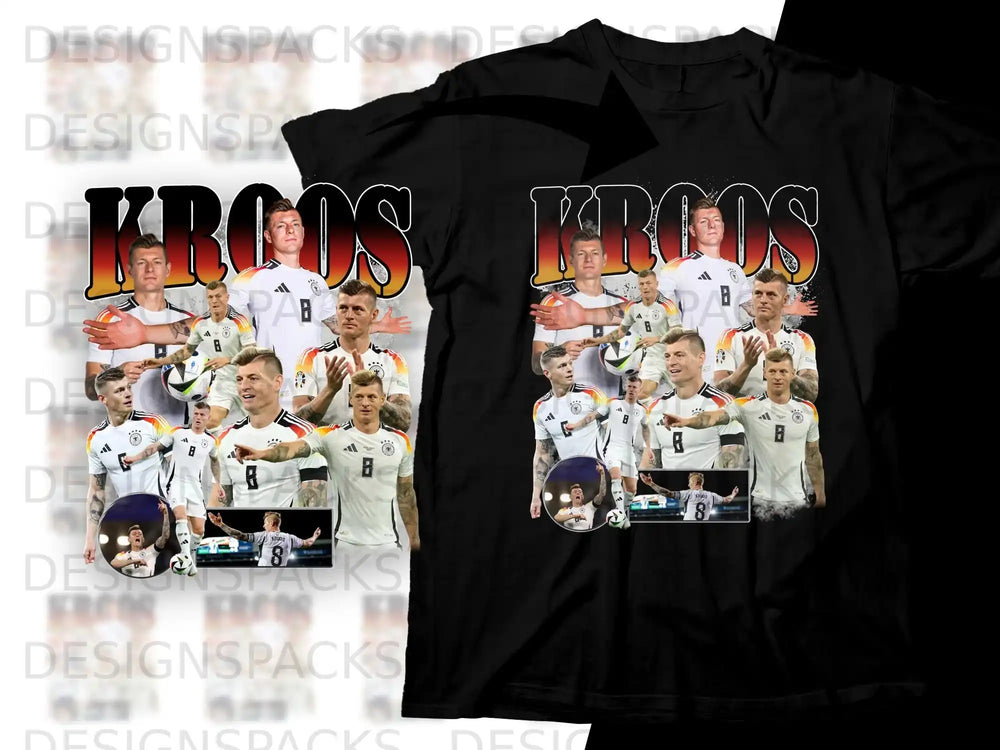 Toni Kroos in Germany football jersey on black t-shirt design.