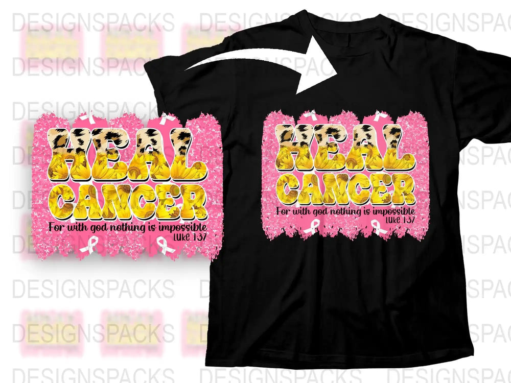 Heal Cancer Inspirational T-Shirt, Faith-Based Christian Tee, Luke 1:37 Quote, Pink Ribbon Awareness, Comfort Fit Cotton