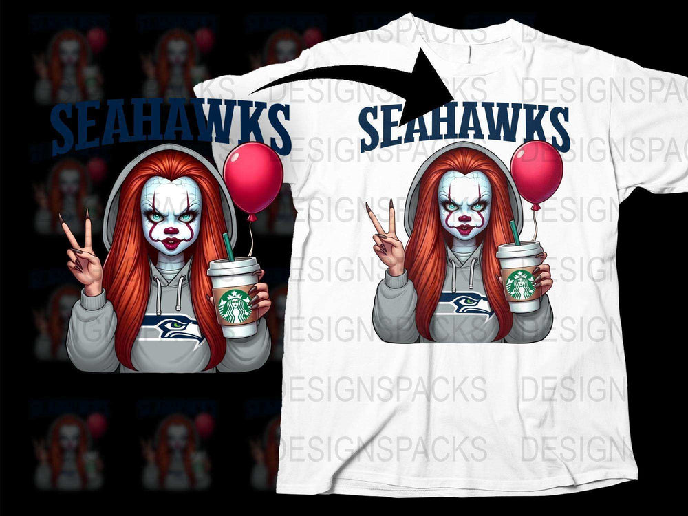 Seattle Seahawks Horror Clown Parody T-Shirt, Football Fan Art, Creepy Clown Graphic Tee, Unique Sports Apparel