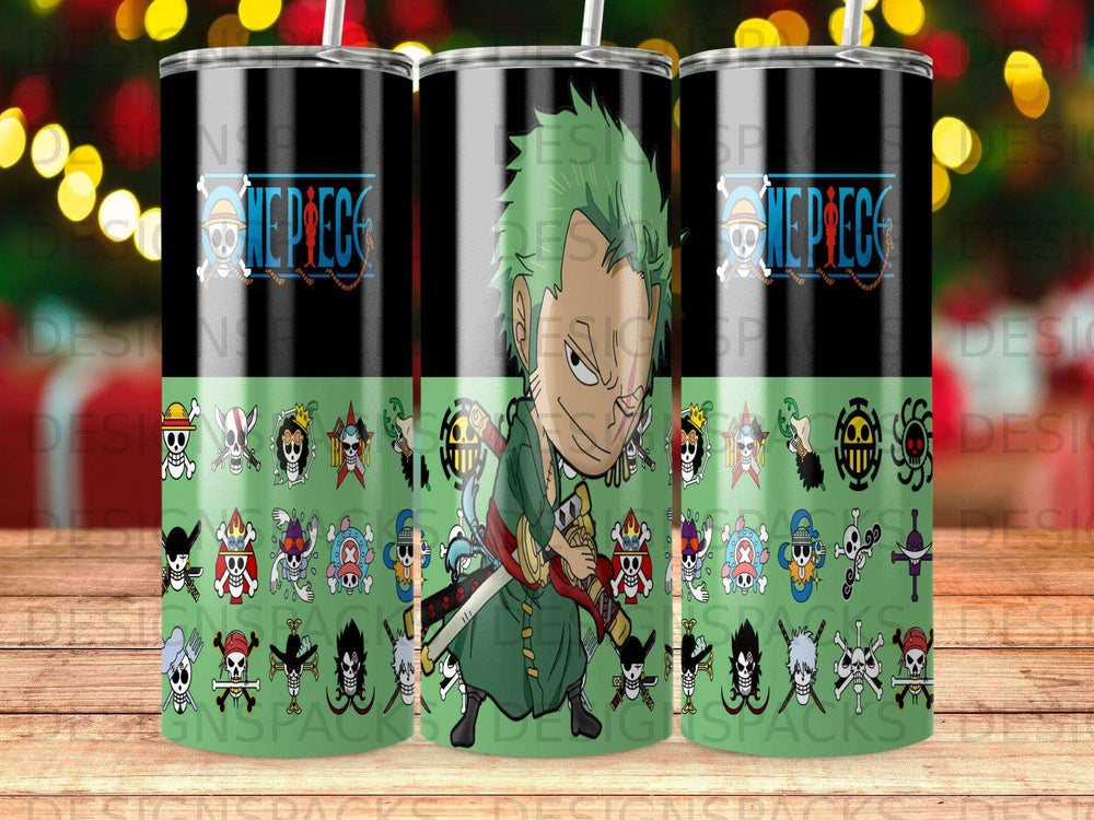 Roronoa Zoro from One Piece on a tumbler with character icons.