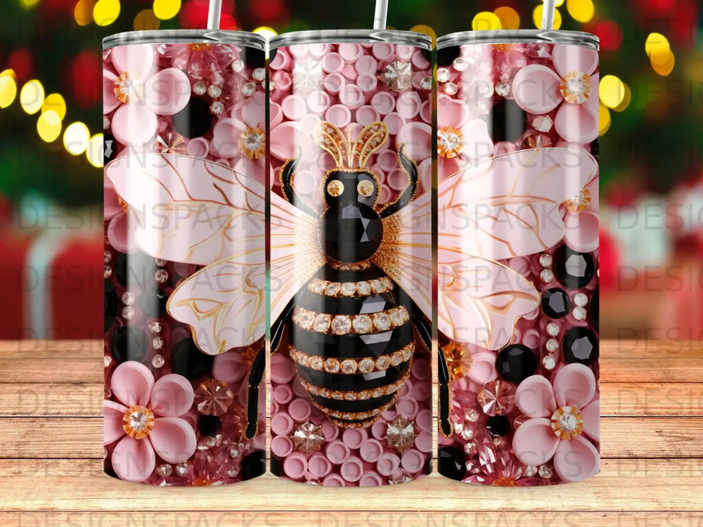 Pink tumbler with black and gold bee, flowers, and gem accents.