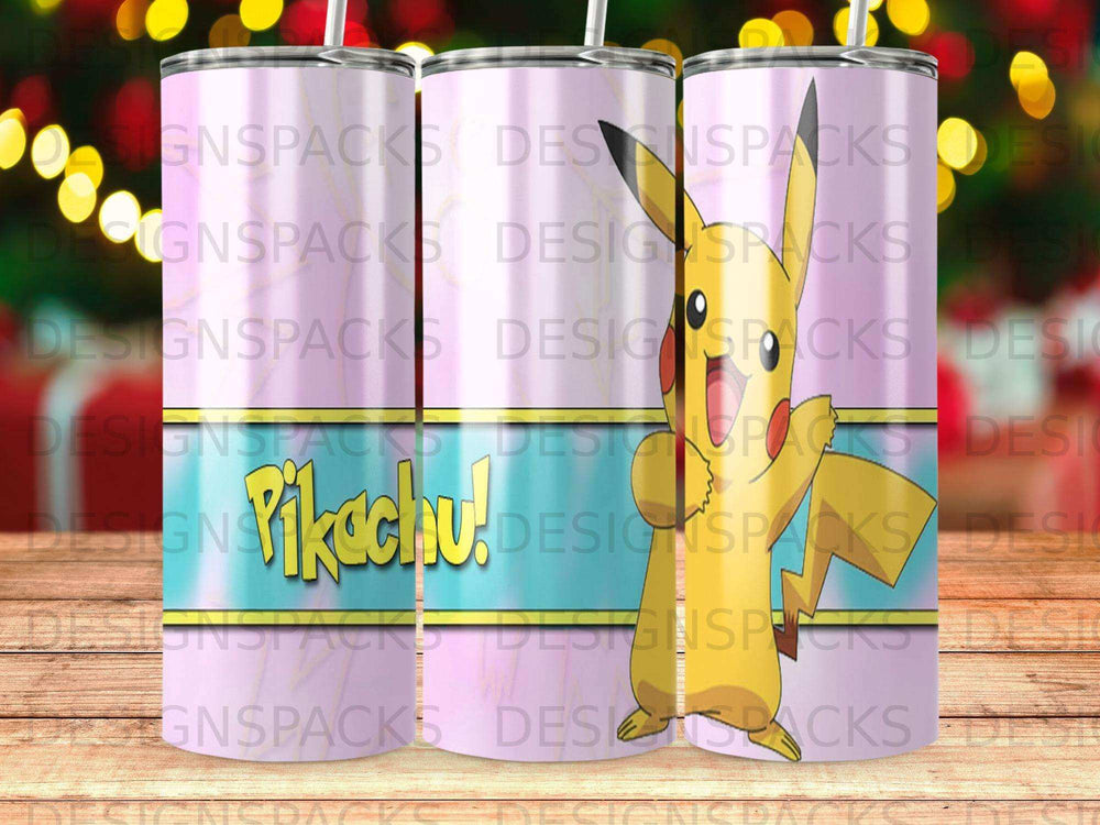 Pikachu character on a colorful tumbler with "DESIGNSPACKS" watermark.
