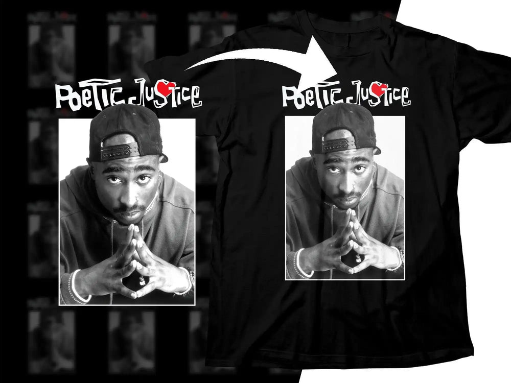 Poetic Justice t-shirt with Tupac photo, black design, print-ready for DTG/DTF
