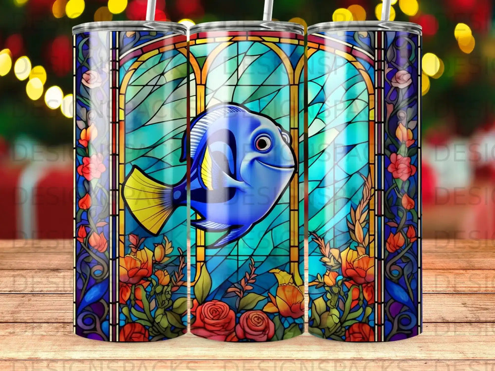 Blue tang fish in stained glass style with floral accents.