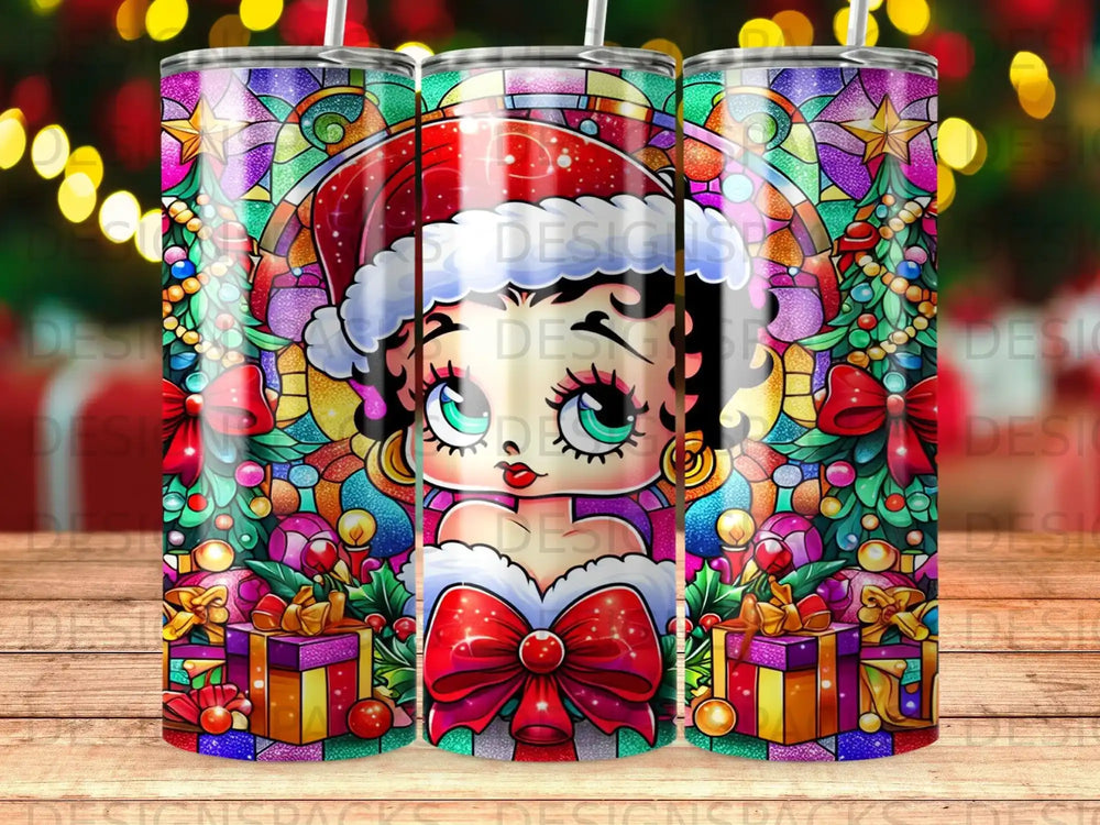 Betty Boop in Santa hat with Christmas presents and festive decorations.